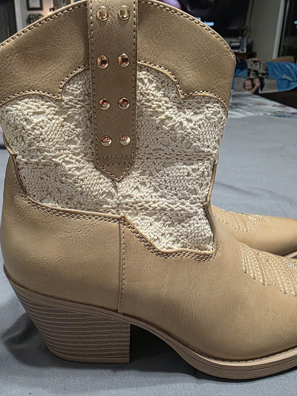 Sugar Tan and Cream Crochet Western Ankle Boots